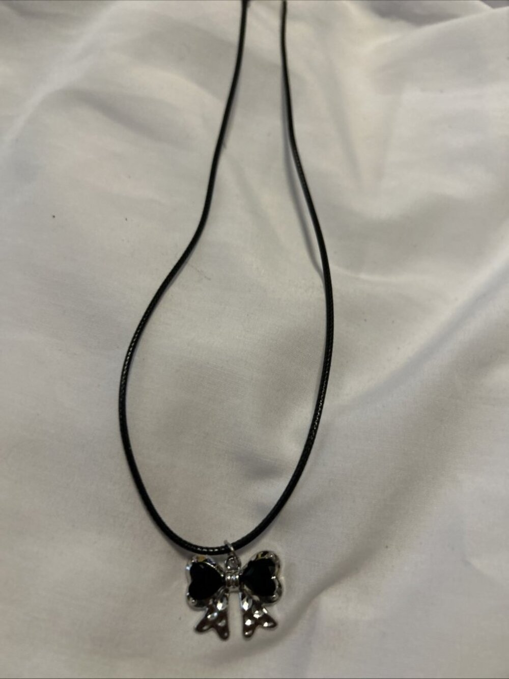 Black Heart Bow W/silver Tone Choker on 18” Black Cord Nylon Cord Heart